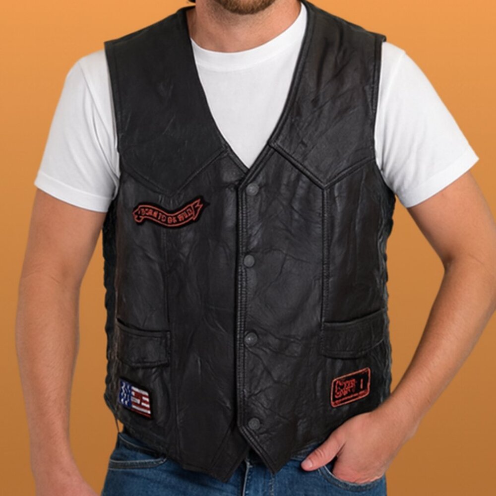 Diamond Plate Leather Motorcycle Vest XXL Black Biker Vest Patches Snap Front